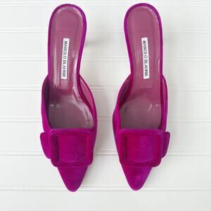 Manolo Blahnik Maysale 50 Purple Jewel Velvet Buckle Mules Pointed Toe Size 37.5